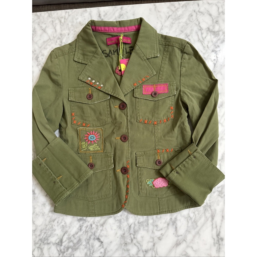 Mimi & Maggie Girls Olive Green Embroidered‎ Utility Jacket Blazer Boho Medium